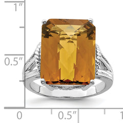 Sterling Silver Rhodium Octagonal Checker-Cut Whiskey Quartz Ring