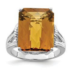 Sterling Silver Rhodium Octagonal Checker-Cut Whiskey Quartz Ring