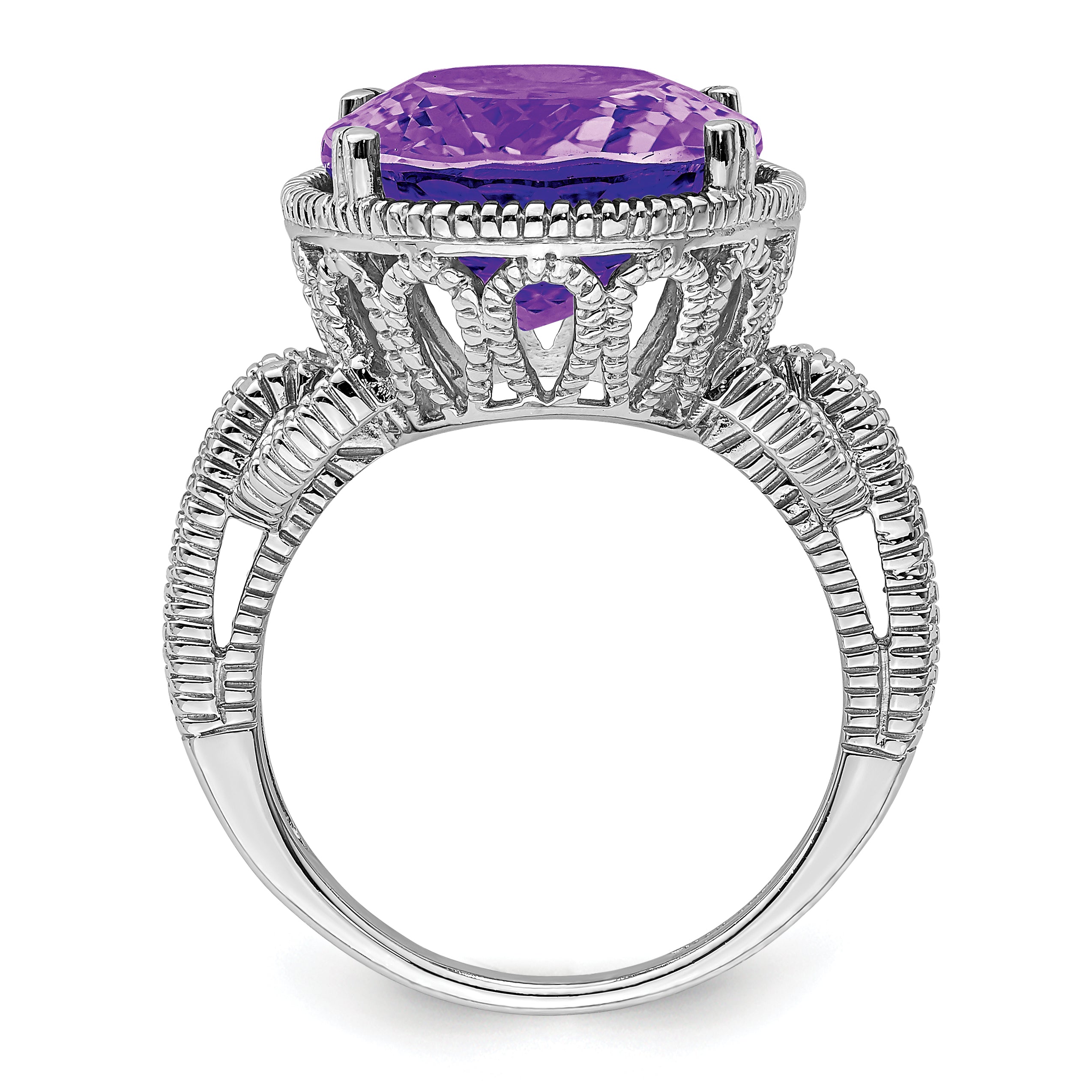 Sterling Silver Rhodium-plated Oval Amethyst Ring