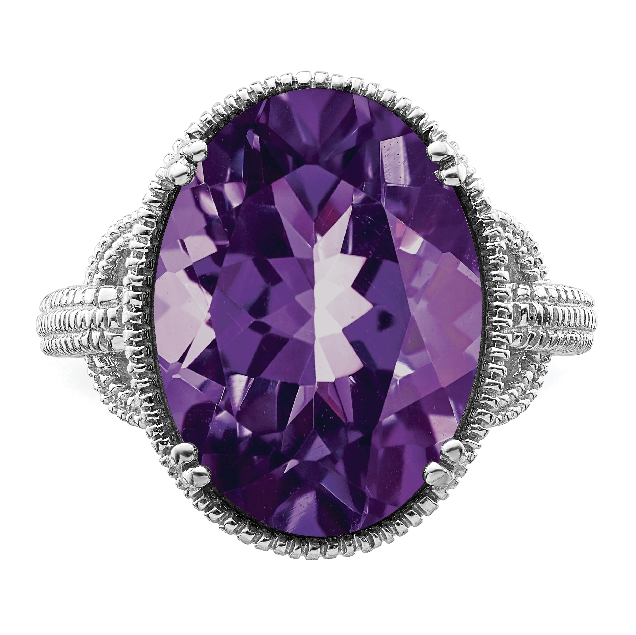 Sterling Silver Rhodium-plated Oval Amethyst Ring