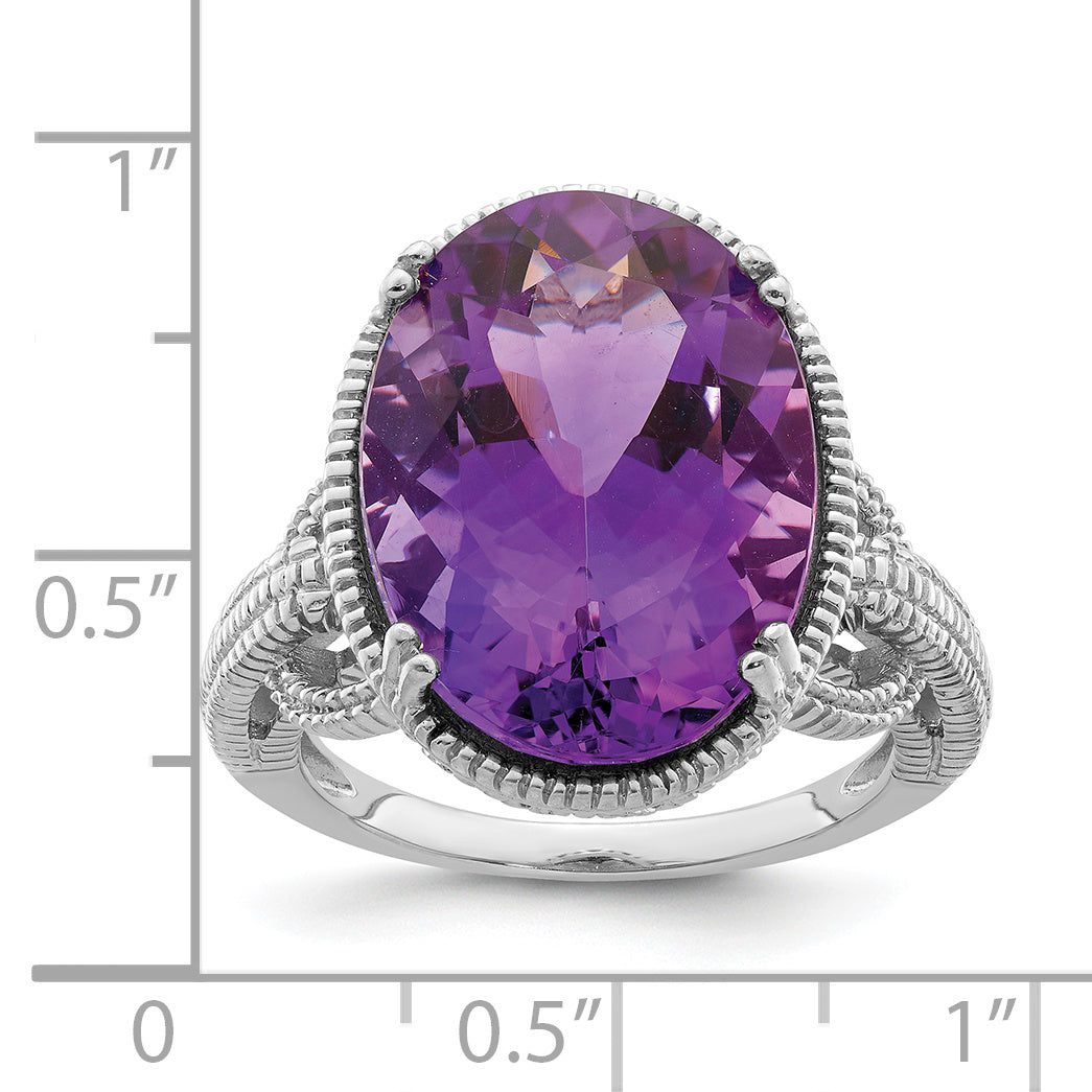 Sterling Silver Rhodium-plated Oval Amethyst Ring