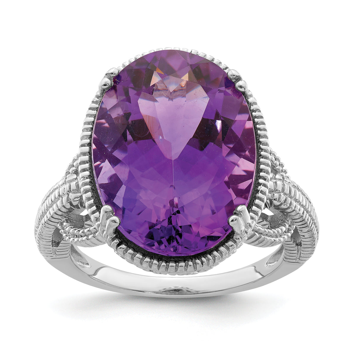 Sterling Silver Rhodium-plated Oval Amethyst Ring