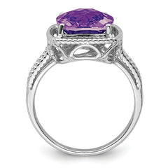 Sterling Silver Rhodium-plated Checker-Cut Amethyst Ring