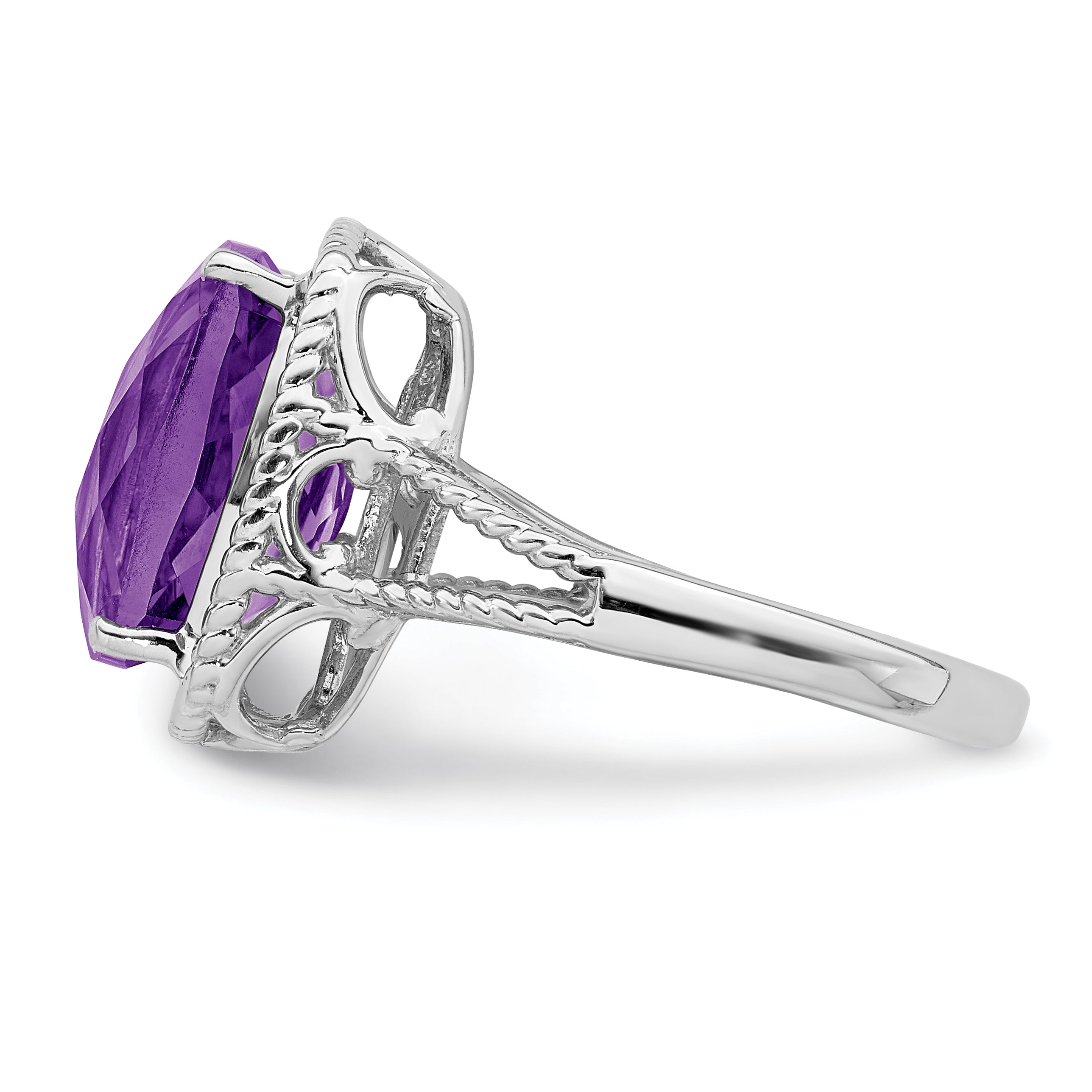 Sterling Silver Rhodium-plated Checker-Cut Amethyst Ring