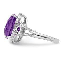 Sterling Silver Rhodium-plated Checker-Cut Amethyst Ring