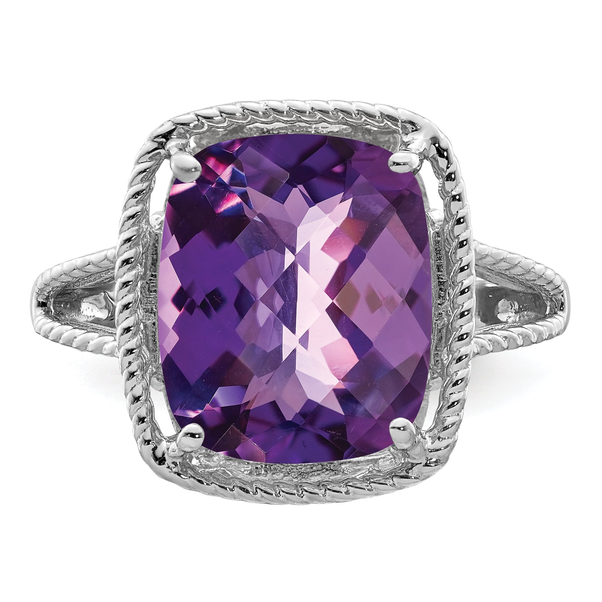 Sterling Silver Rhodium-plated Checker-Cut Amethyst Ring