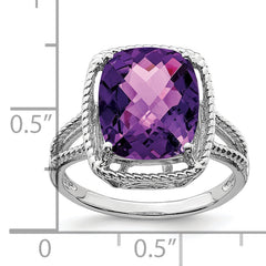 Sterling Silver Rhodium-plated Checker-Cut Amethyst Ring