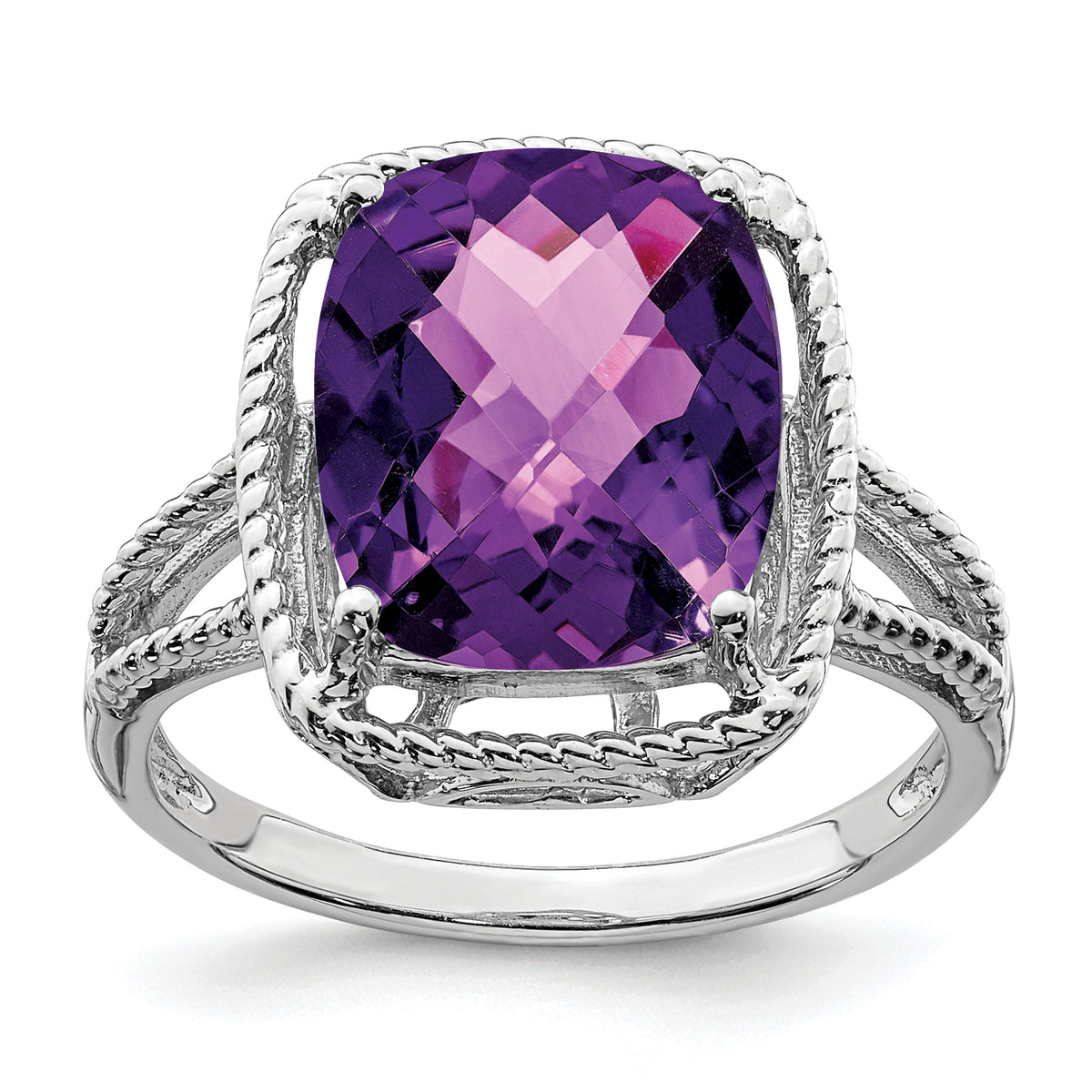 Sterling Silver Rhodium-plated Checker-Cut Amethyst Ring