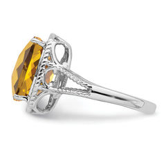 Sterling Silver Rhodium Checker-Cut Whiskey Quartz Ring