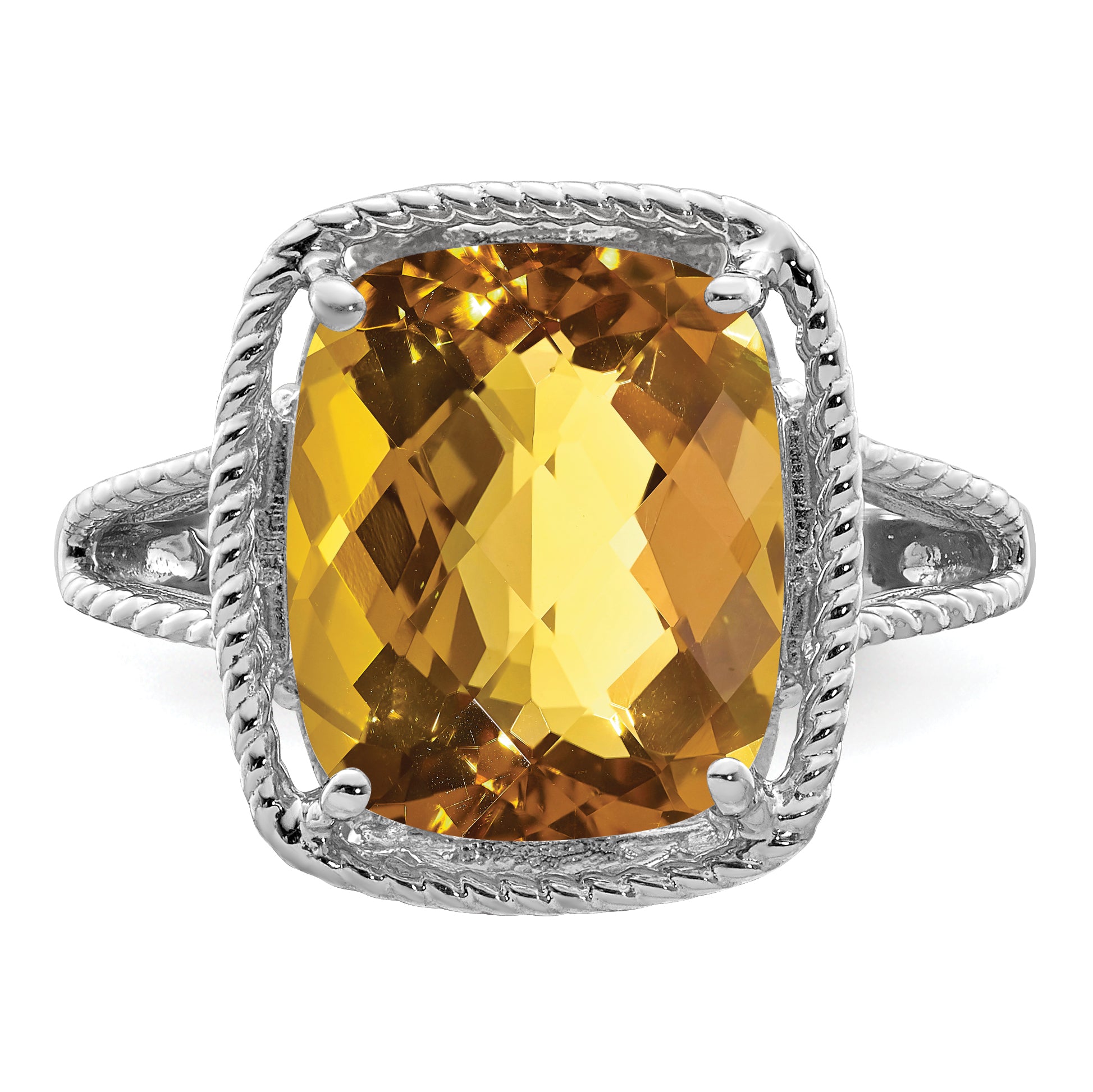 Sterling Silver Rhodium Checker-Cut Whiskey Quartz Ring