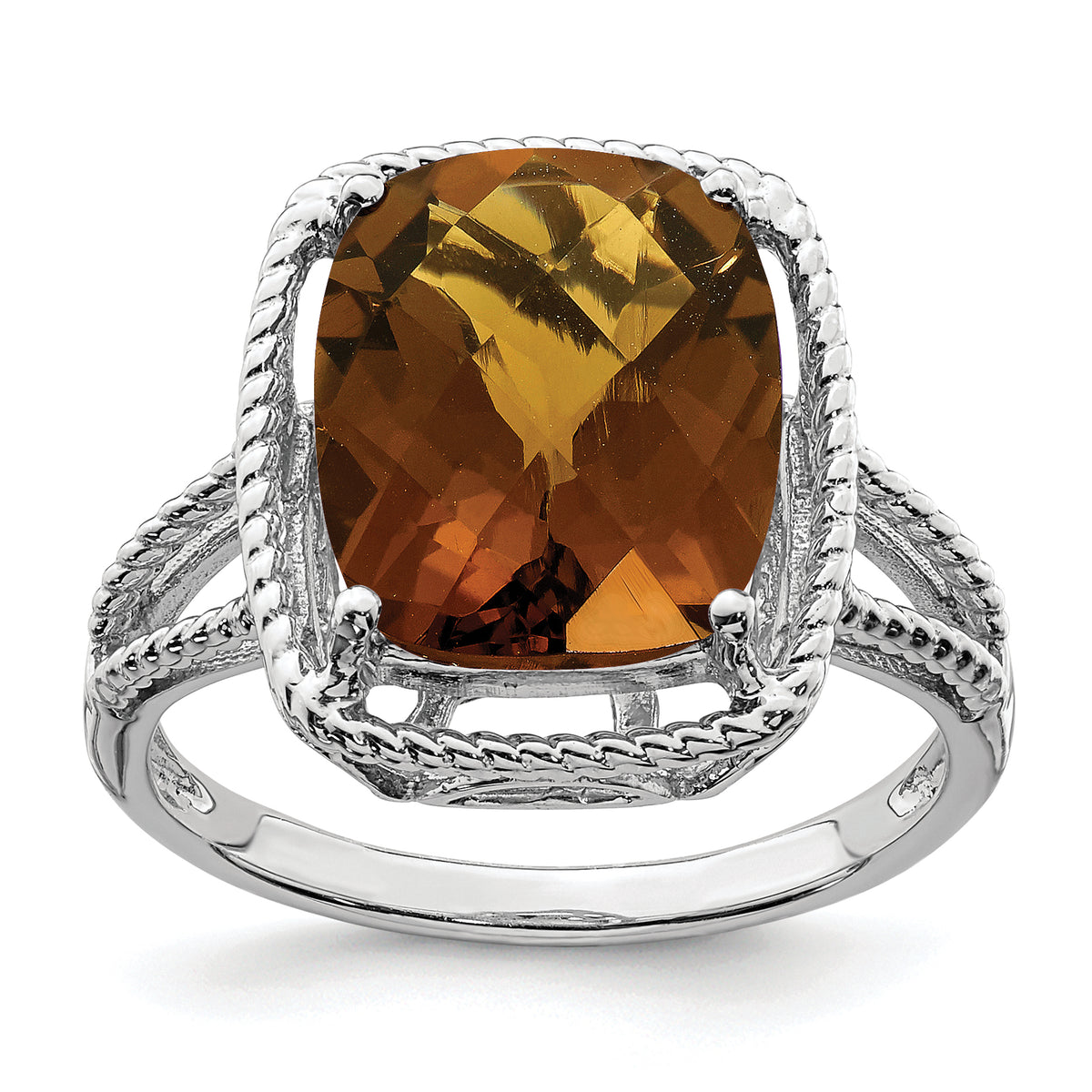 Sterling Silver Rhodium Checker-Cut Whiskey Quartz Ring