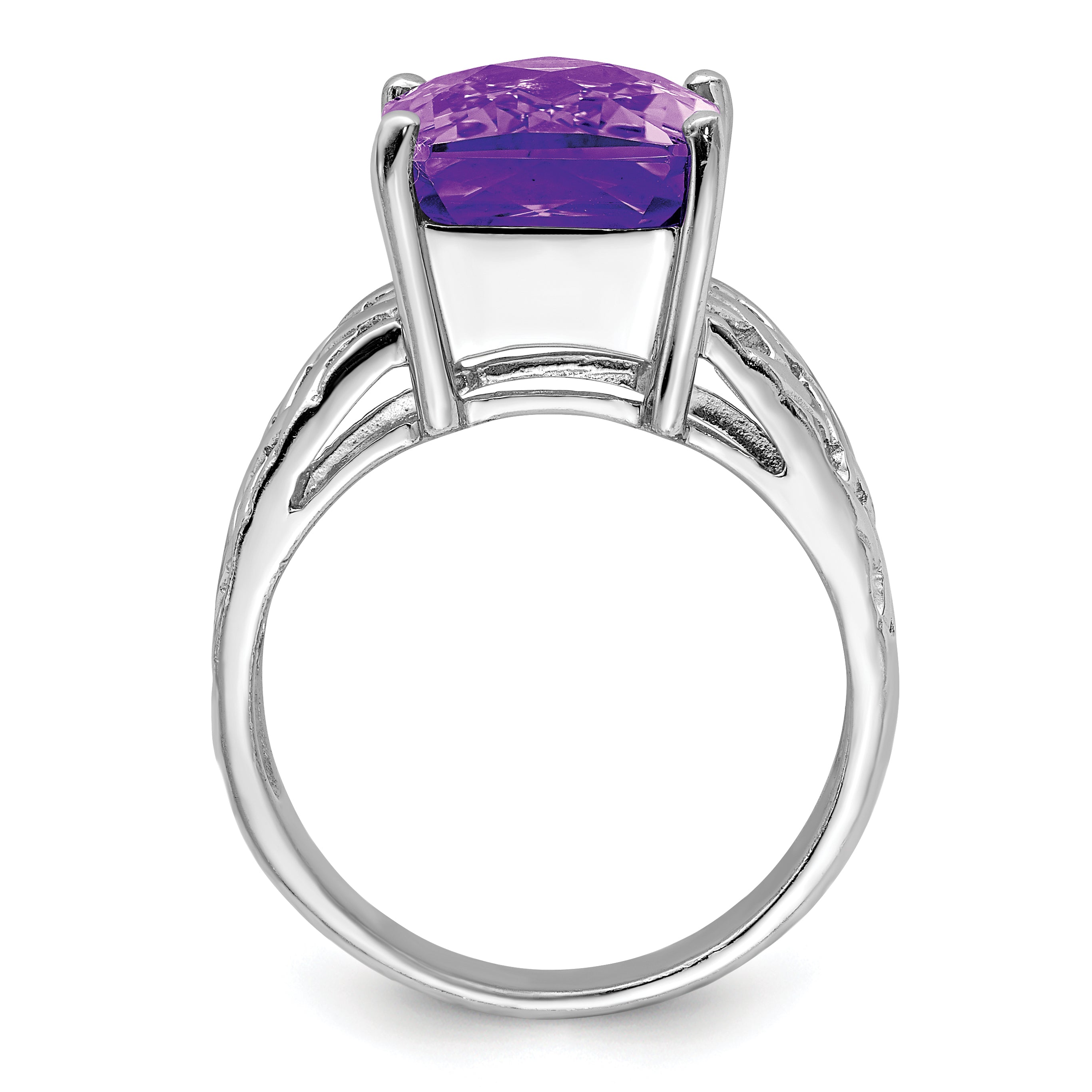 Sterling Silver Rhodium-plated Octagonal Checker-Cut Amethyst Ring