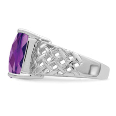 Sterling Silver Rhodium-plated Octagonal Checker-Cut Amethyst Ring