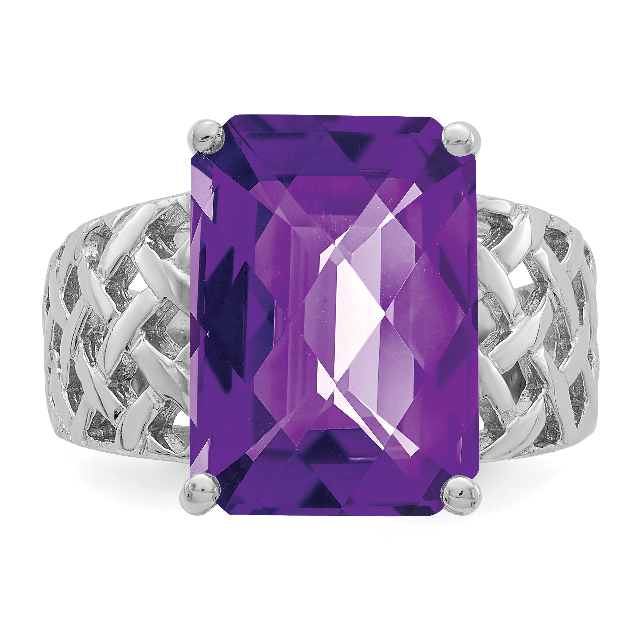 Sterling Silver Rhodium-plated Octagonal Checker-Cut Amethyst Ring