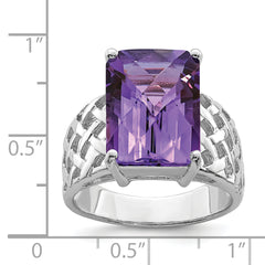 Sterling Silver Rhodium-plated Octagonal Checker-Cut Amethyst Ring