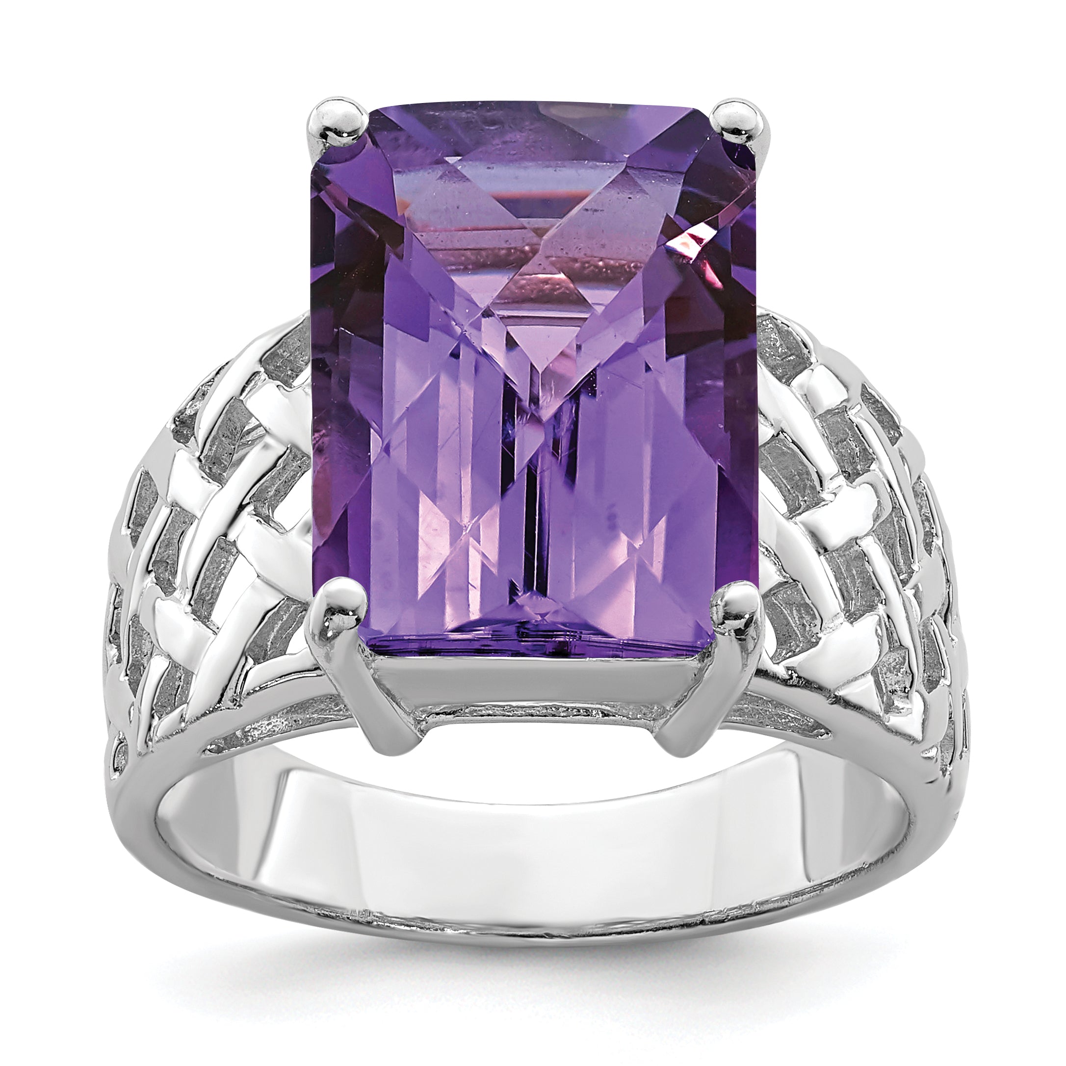 Sterling Silver Rhodium-plated Octagonal Checker-Cut Amethyst Ring