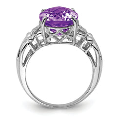 Sterling Silver Rhodium-plated Oval Checker-Cut Amethyst Ring