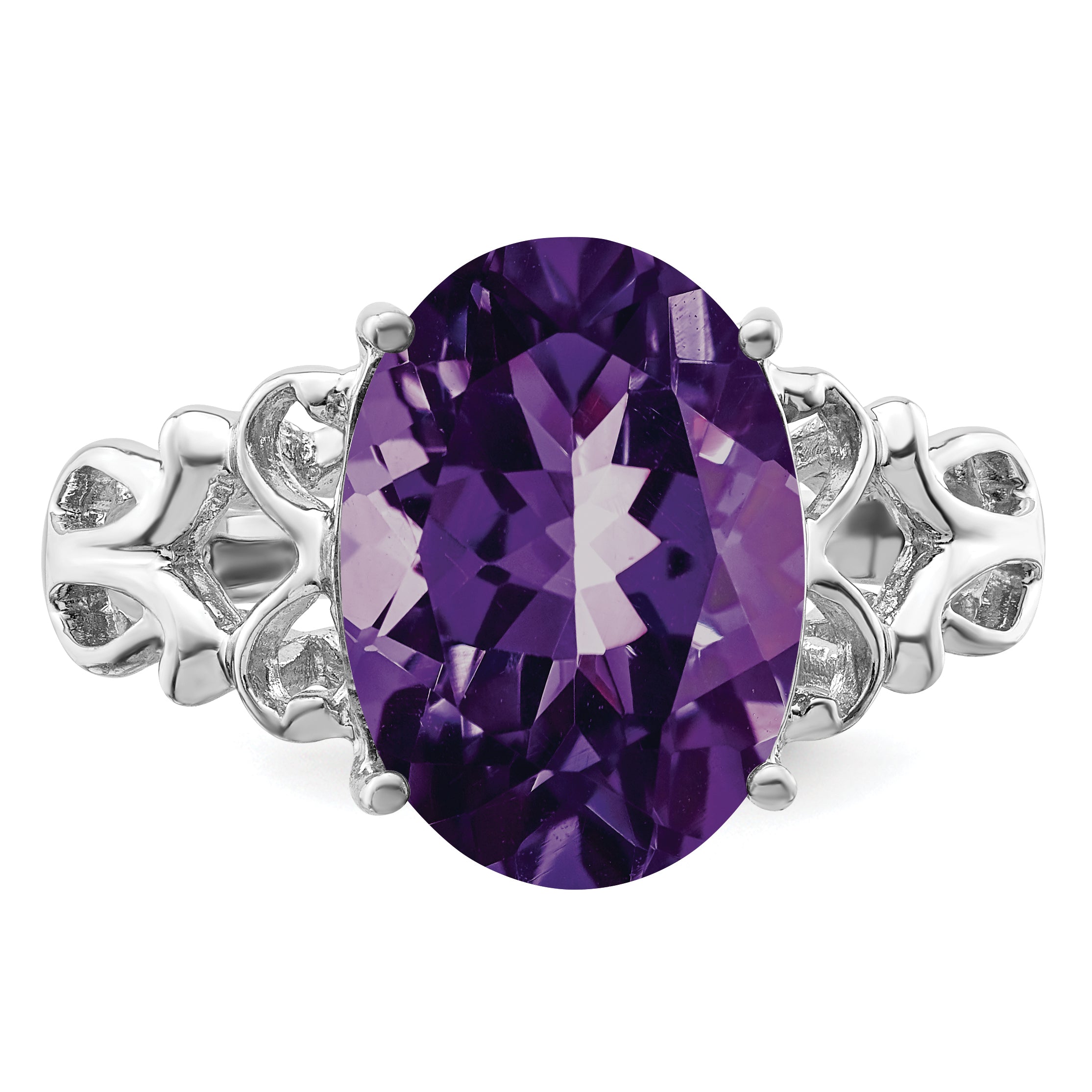 Sterling Silver Rhodium-plated Oval Checker-Cut Amethyst Ring