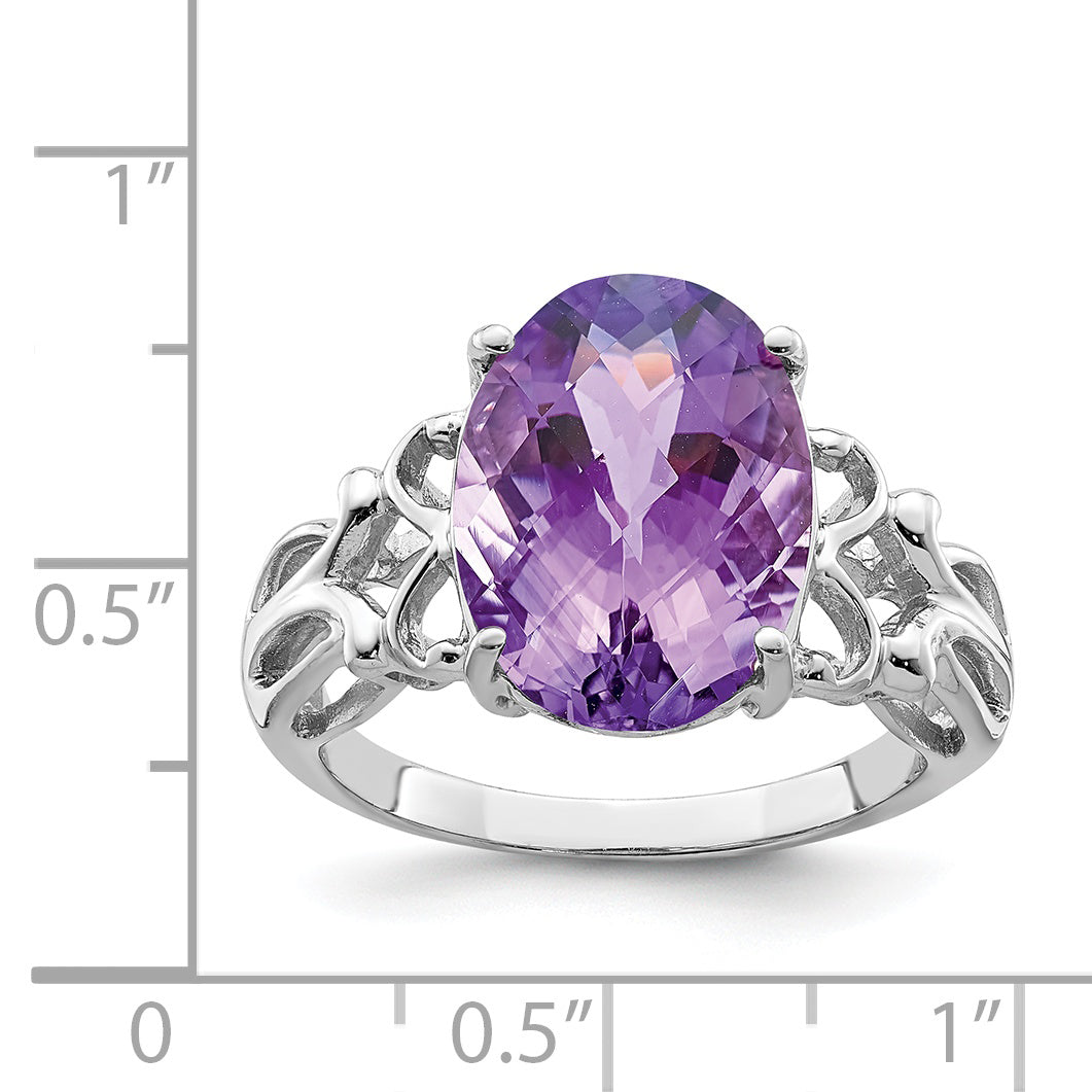 Sterling Silver Rhodium-plated Oval Checker-Cut Amethyst Ring