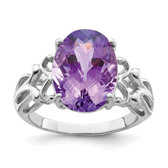 Sterling Silver Rhodium-plated Oval Checker-Cut Amethyst Ring