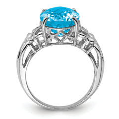 Sterling Silver Rhodium Oval Checker-Cut Blue Topaz Ring