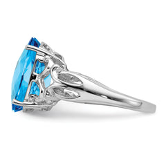 Sterling Silver Rhodium Oval Checker-Cut Blue Topaz Ring