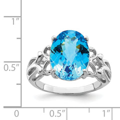 Sterling Silver Rhodium Oval Checker-Cut Blue Topaz Ring