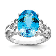 Sterling Silver Rhodium Oval Checker-Cut Blue Topaz Ring