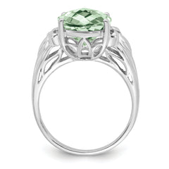 Sterling Silver Rhodium Oval Checker-Cut Green Quartz Ring