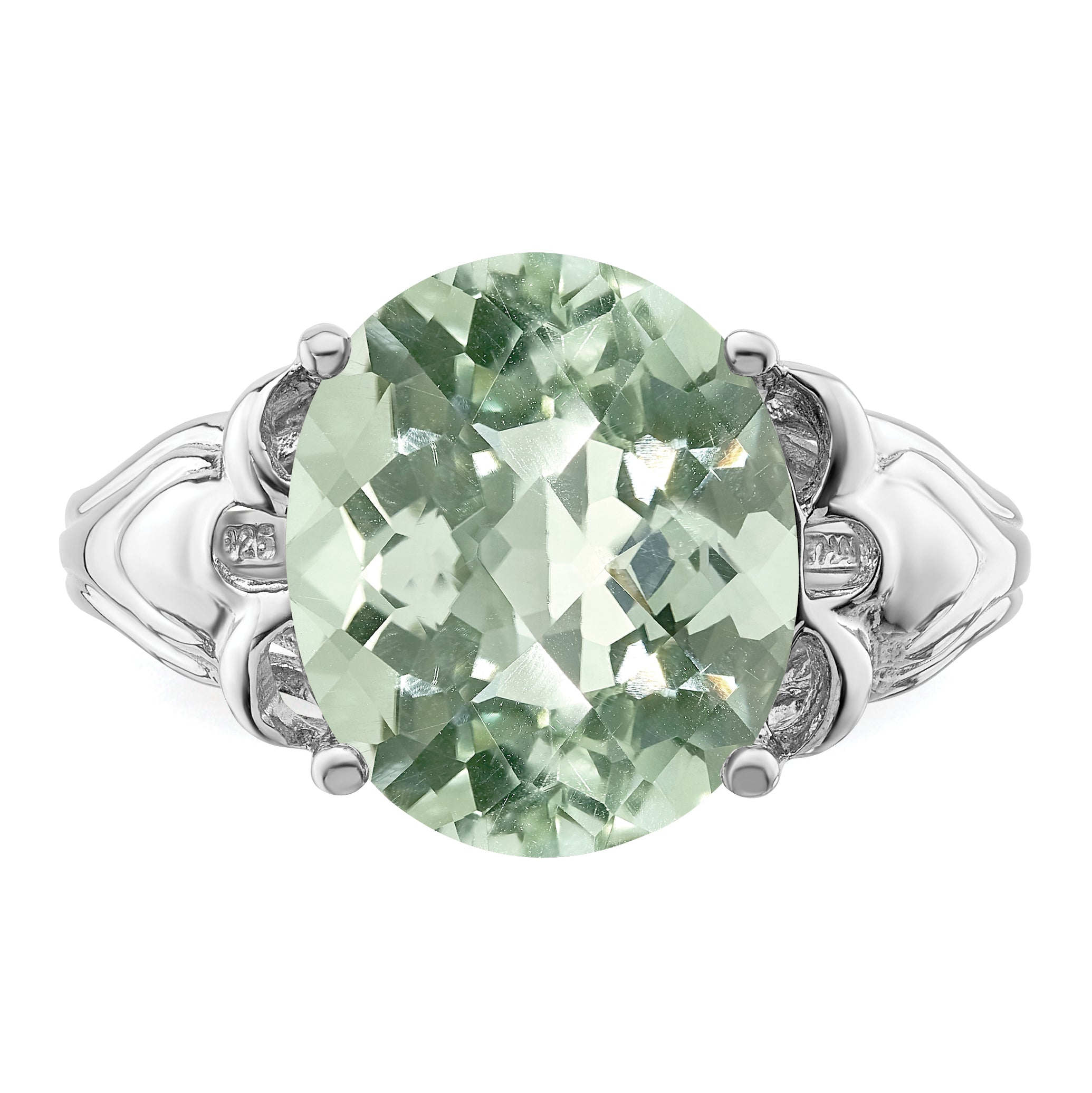 Sterling Silver Rhodium Oval Checker-Cut Green Quartz Ring