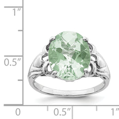 Sterling Silver Rhodium Oval Checker-Cut Green Quartz Ring