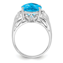 Sterling Silver Rhodium Oval Checker-Cut Blue Topaz Ring