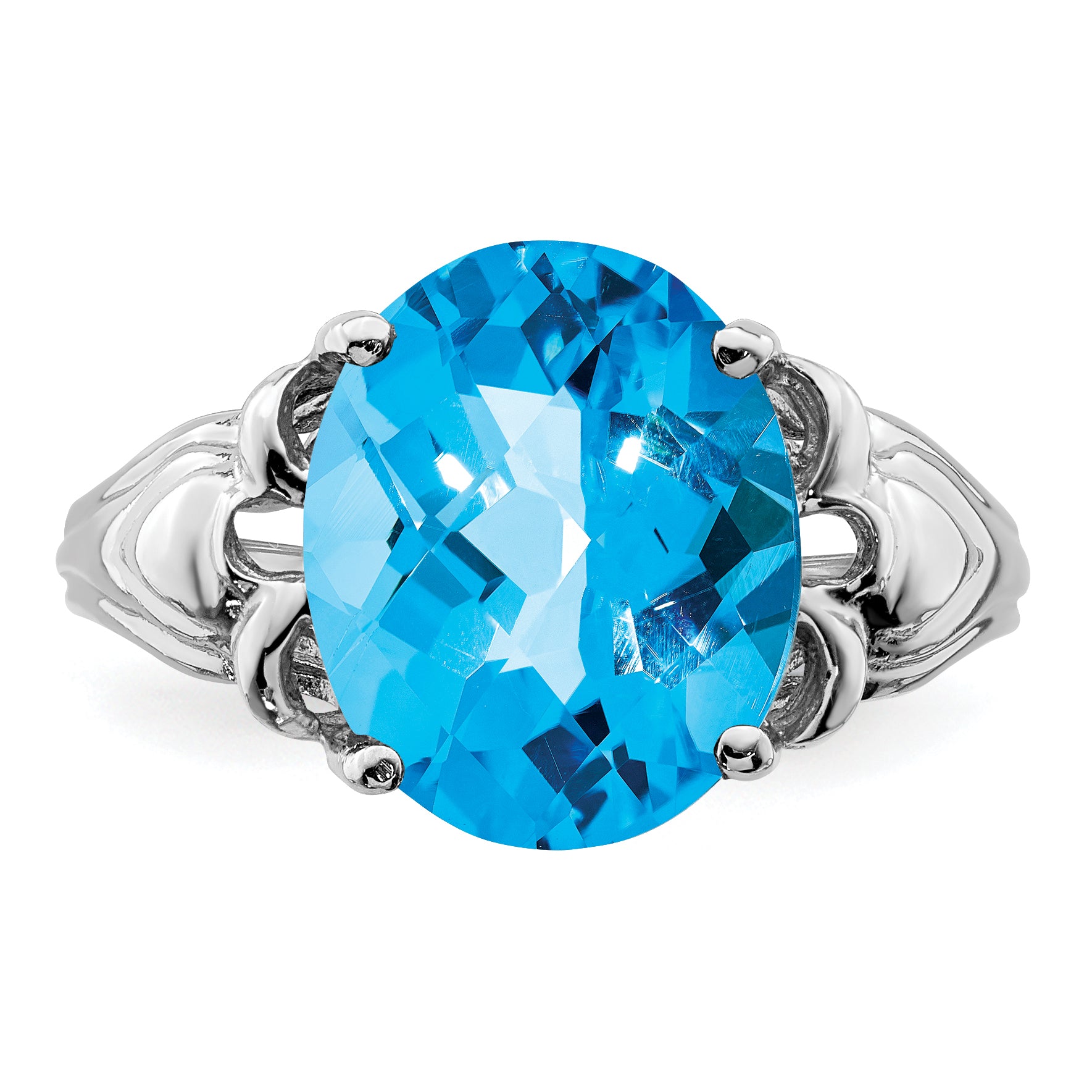 Sterling Silver Rhodium Oval Checker-Cut Blue Topaz Ring