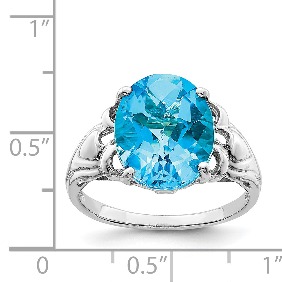 Sterling Silver Rhodium Oval Checker-Cut Blue Topaz Ring