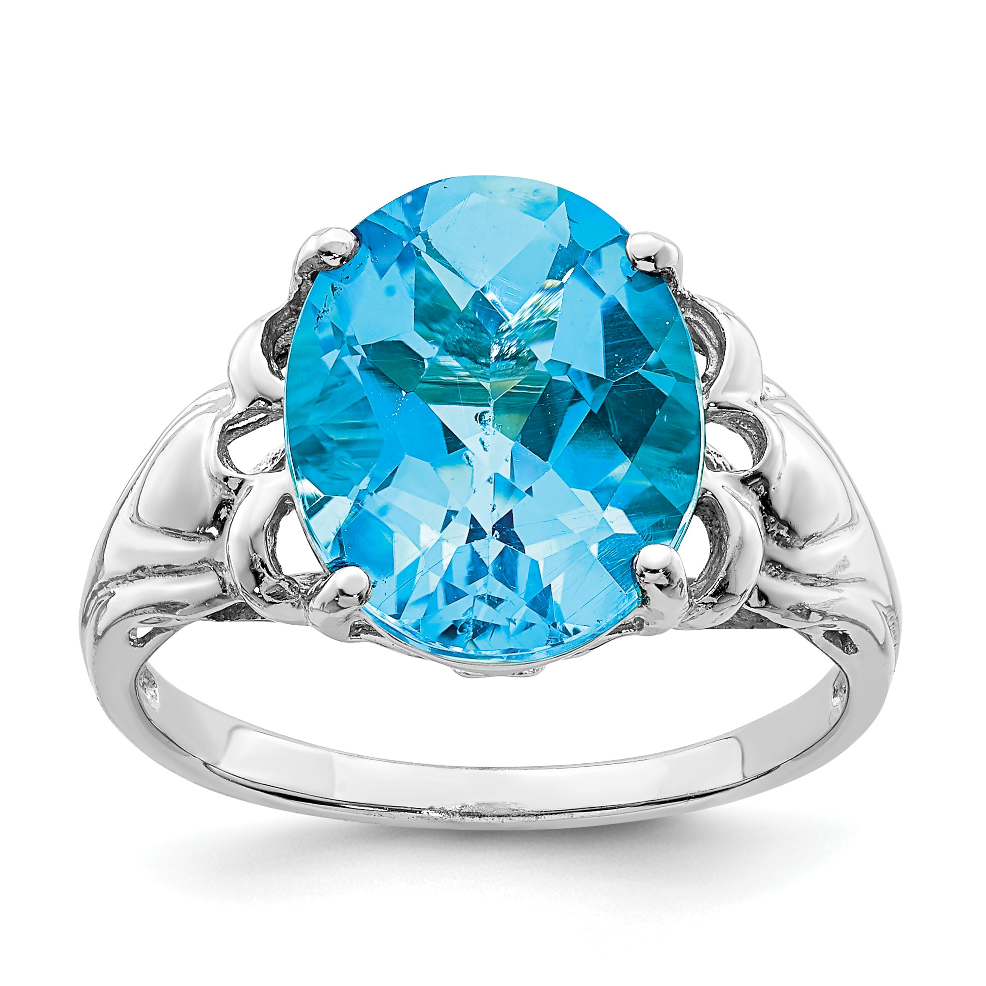 Sterling Silver Rhodium Oval Checker-Cut Blue Topaz Ring