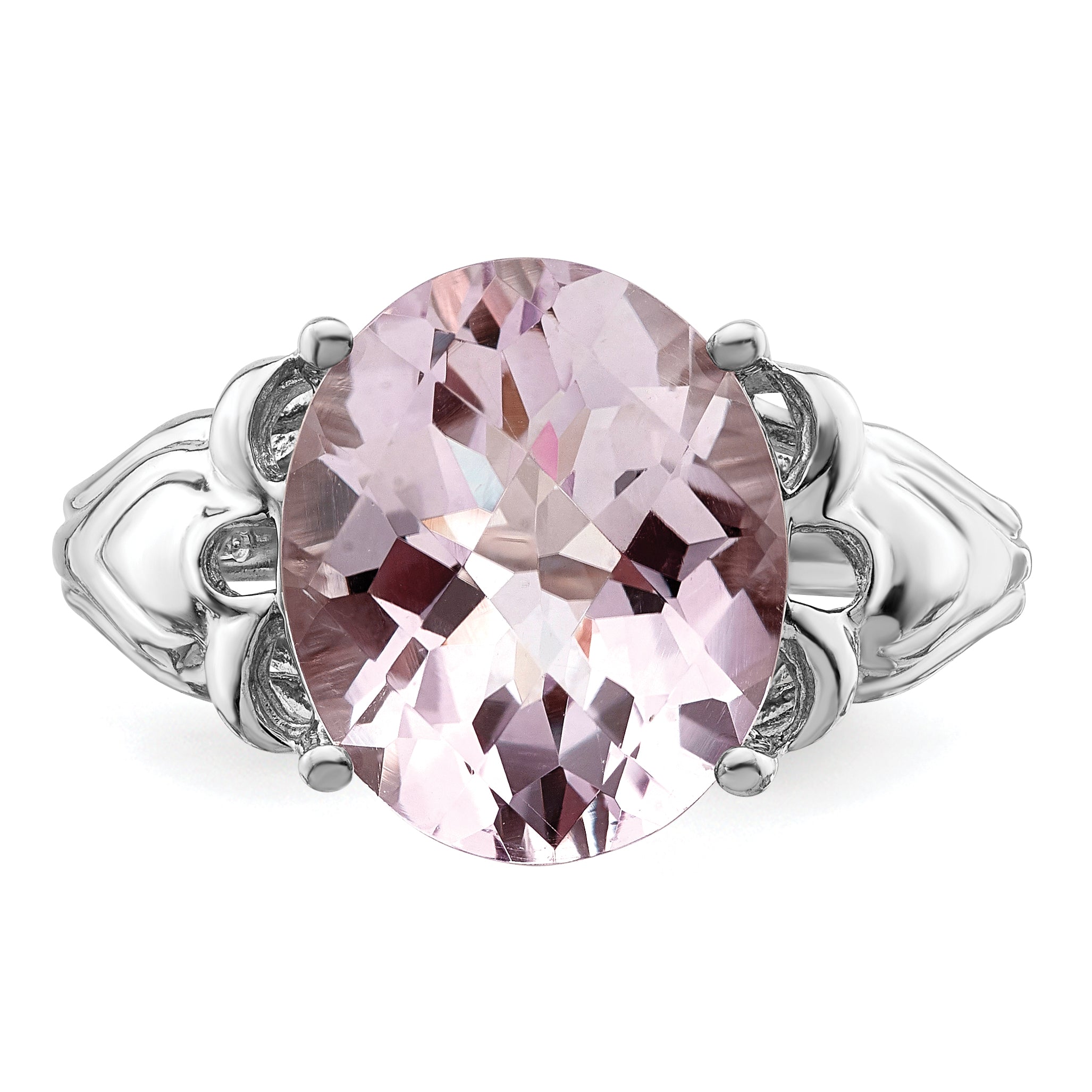 Sterling Silver Rhodium Checker-Cut Pink Quartz Ring