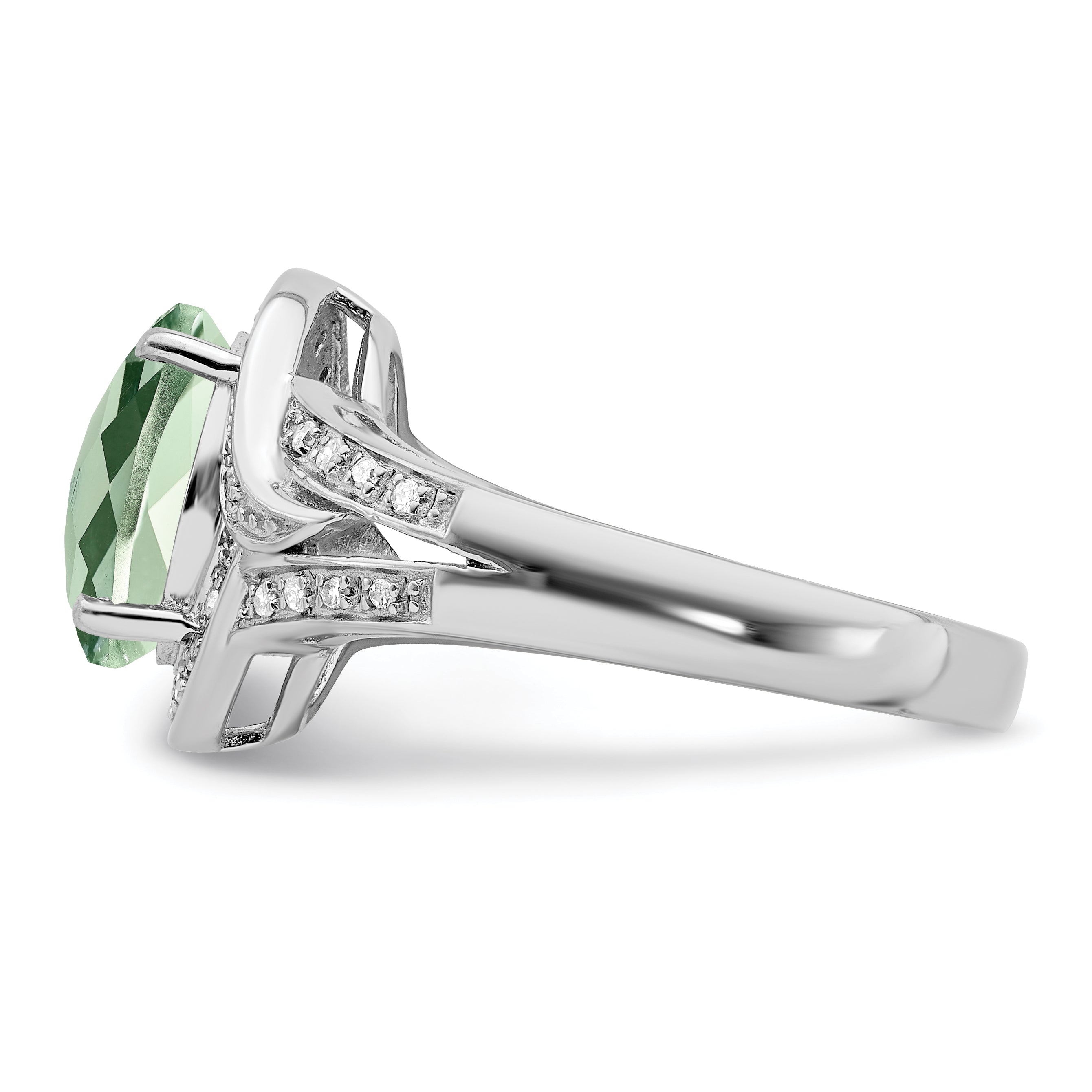 Sterling Silver Rhodium Diamond & Oval Checker-Cut Green Quartz Ring