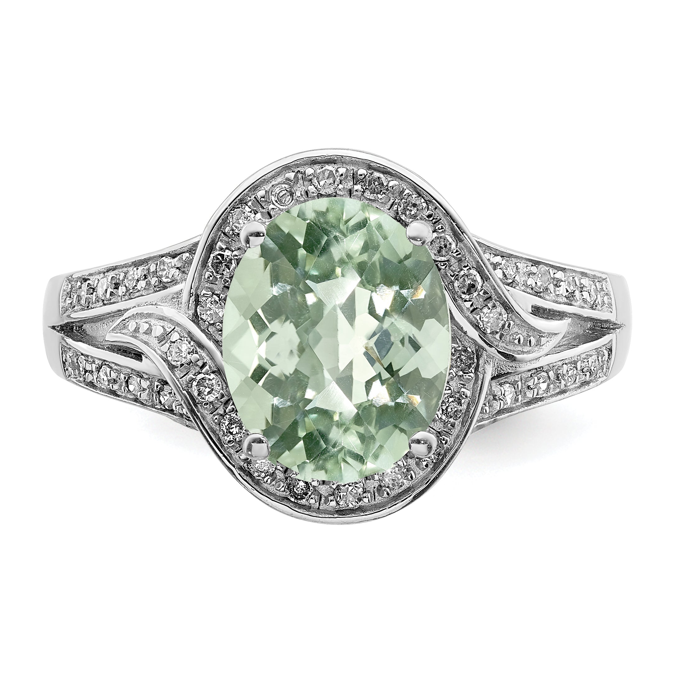 Sterling Silver Rhodium Diamond & Oval Checker-Cut Green Quartz Ring