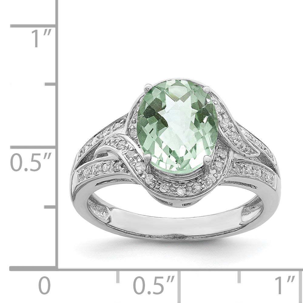 Sterling Silver Rhodium Diamond & Oval Checker-Cut Green Quartz Ring