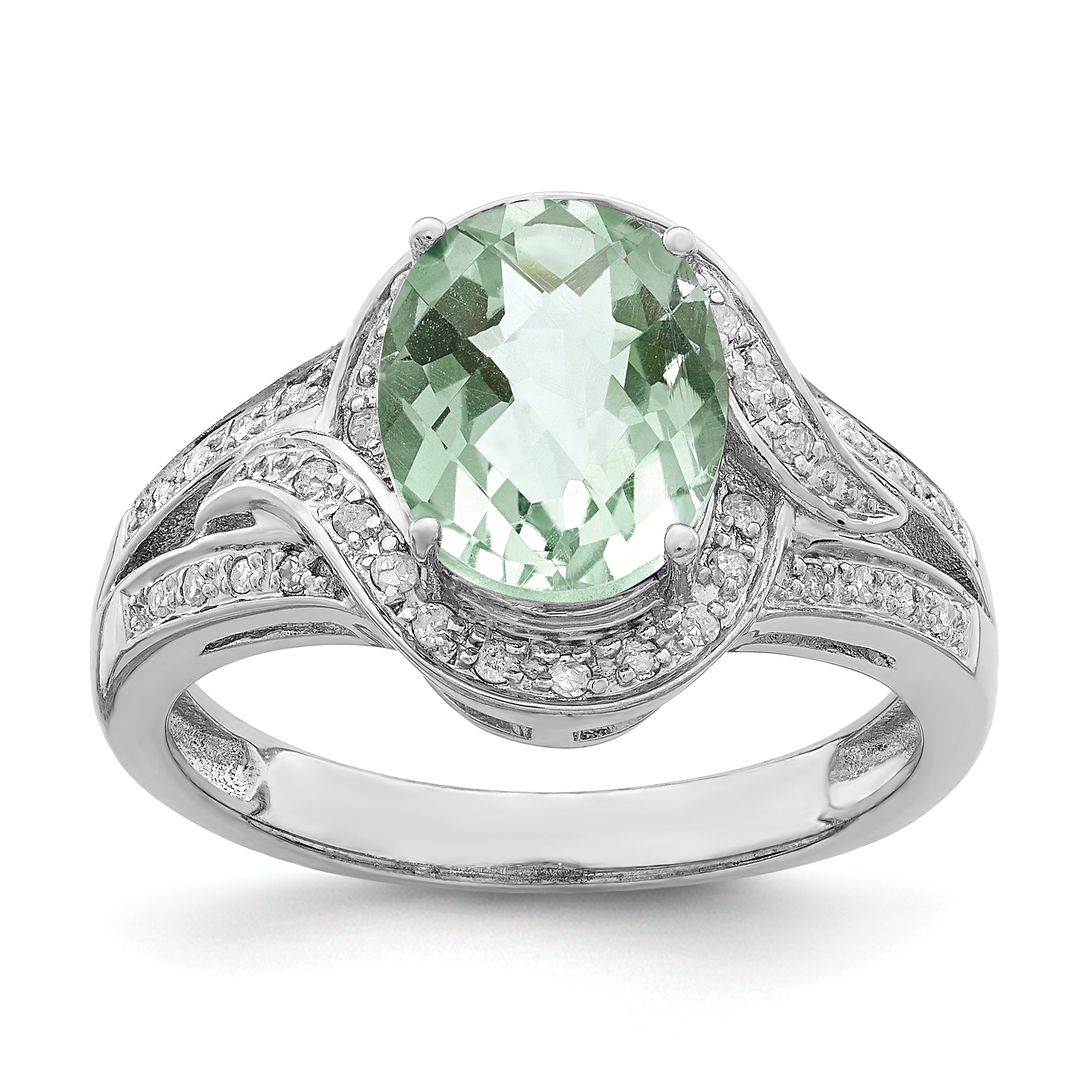 Sterling Silver Rhodium Diamond & Oval Checker-Cut Green Quartz Ring