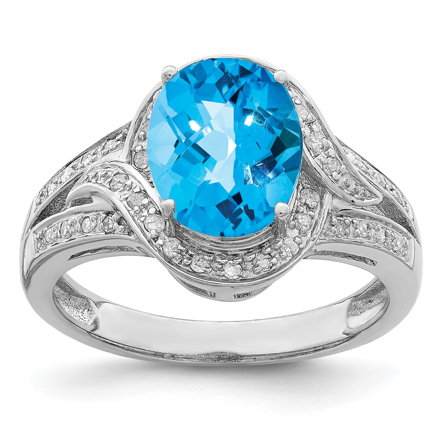 Sterling Silver Rhodium Diamond & Oval Checker-Cut Blue Topaz Ring