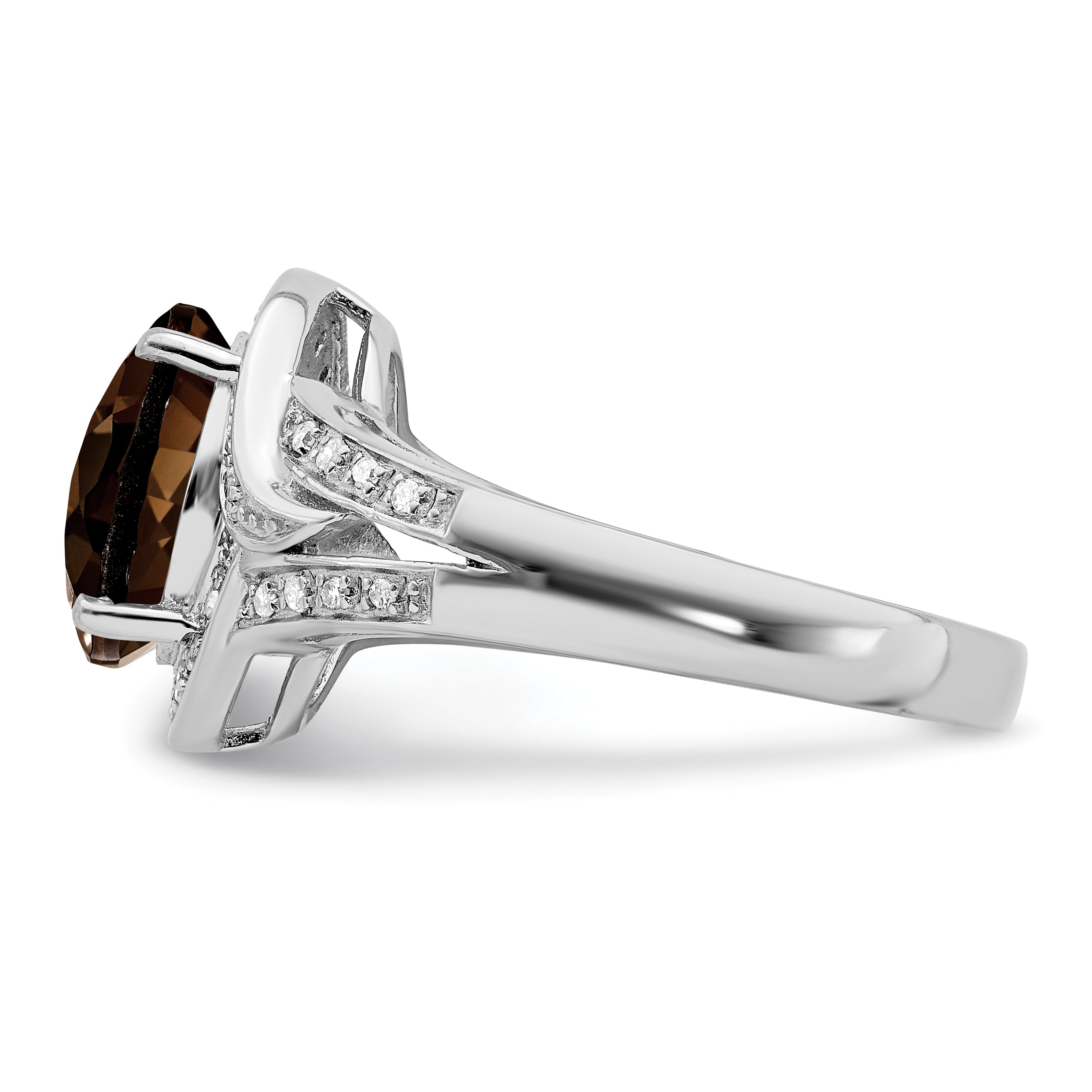 Sterling Silver Rhodium Diamond & Oval Checker-Cut Smoky Quartz Ring