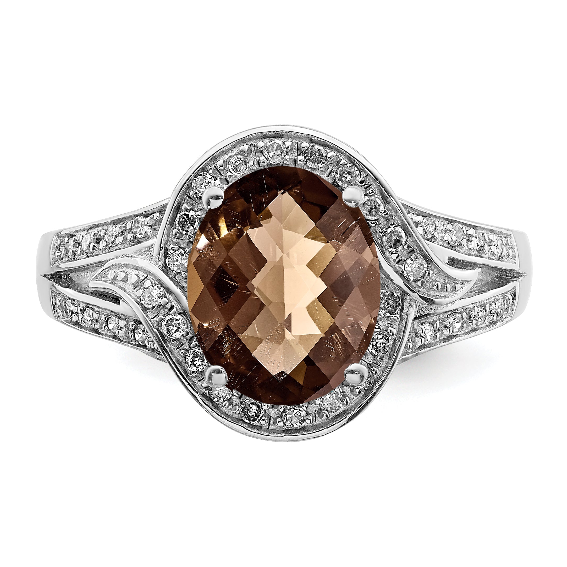 Sterling Silver Rhodium Diamond & Oval Checker-Cut Smoky Quartz Ring