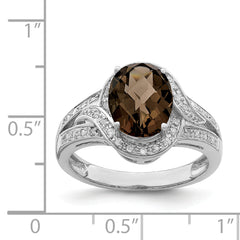 Sterling Silver Rhodium Diamond & Oval Checker-Cut Smoky Quartz Ring