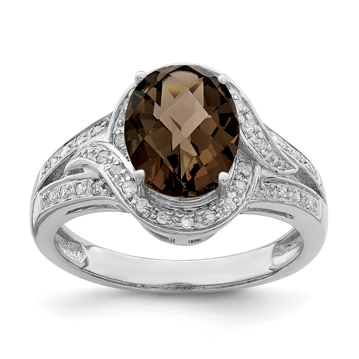 Sterling Silver Rhodium Diamond & Oval Checker-Cut Smoky Quartz Ring