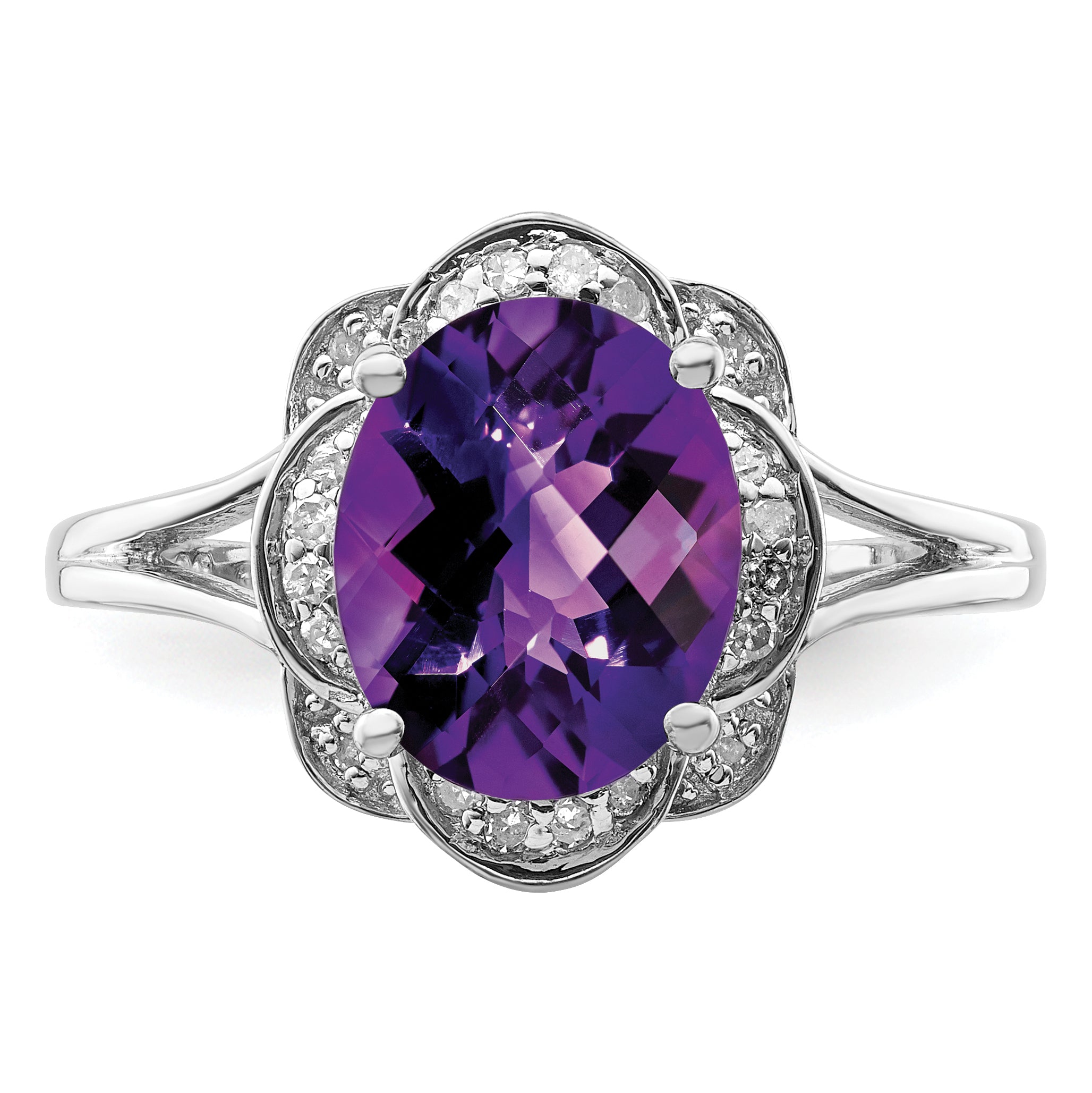 Sterling Silver Rhodium-plated Diamond & Amethyst Ring