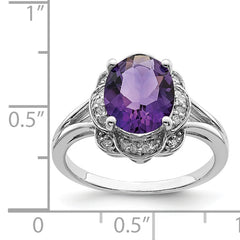 Sterling Silver Rhodium-plated Diamond & Amethyst Ring