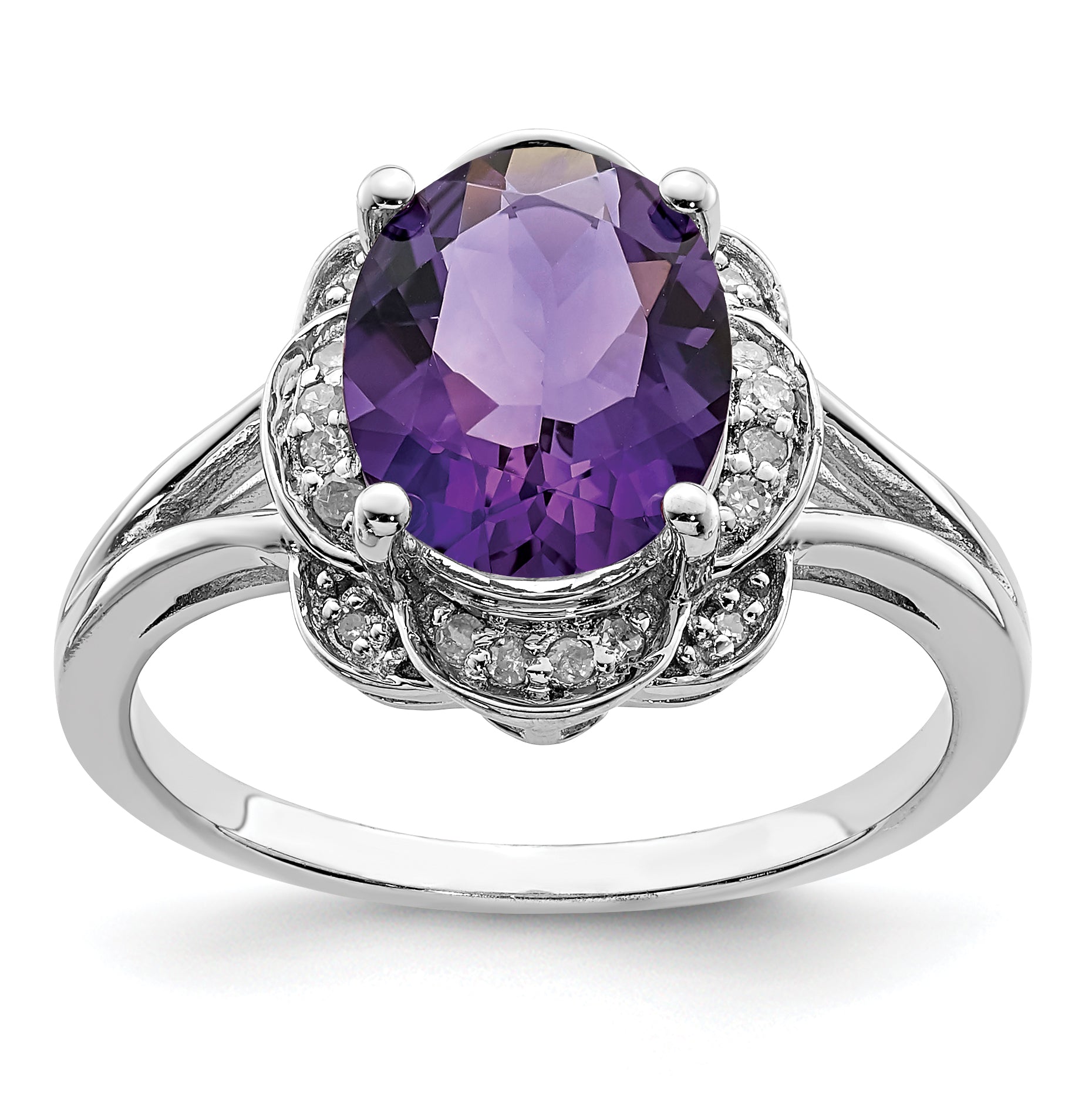 Sterling Silver Rhodium-plated Diamond & Amethyst Ring