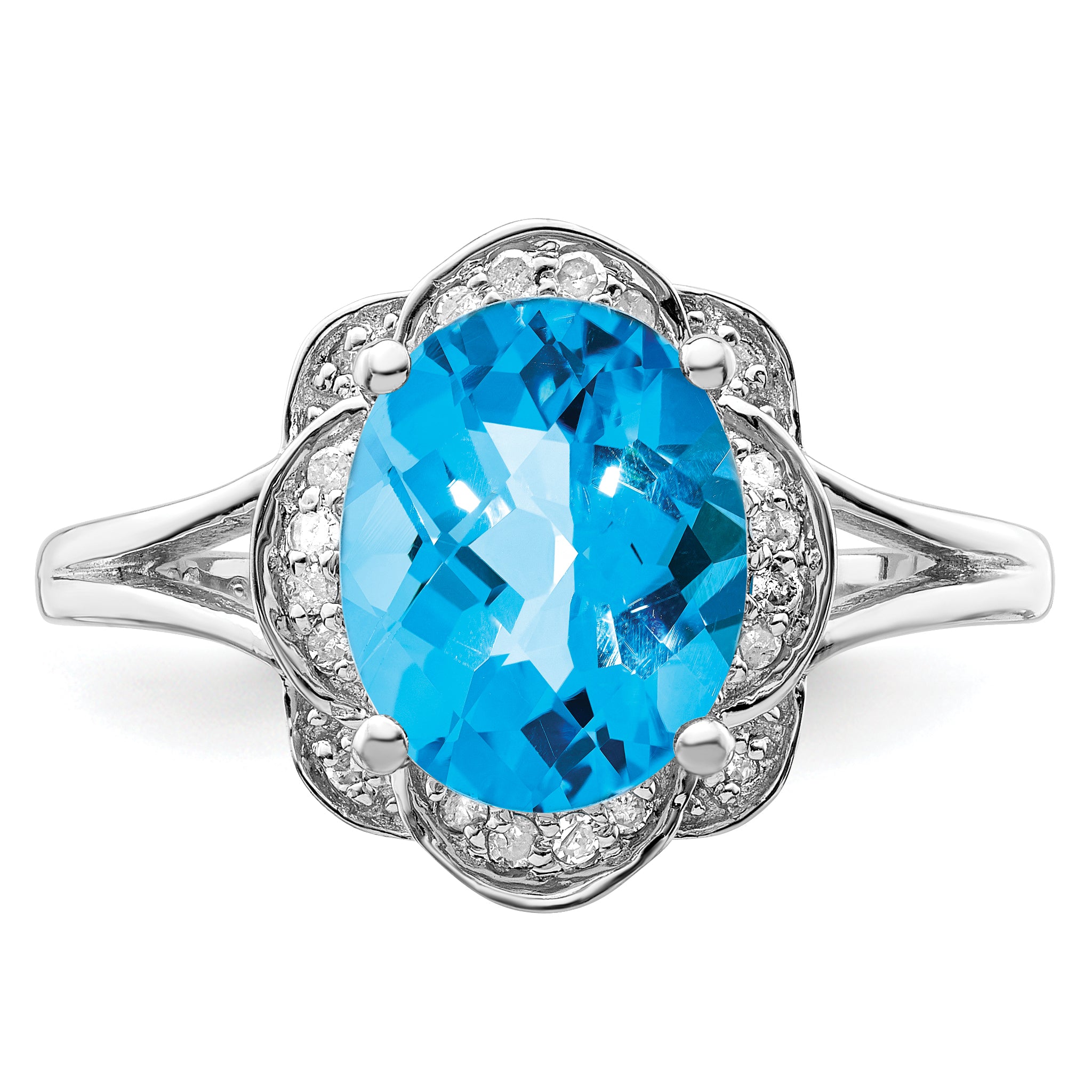 Sterling Silver Rhodium Diamond & Blue Topaz Ring