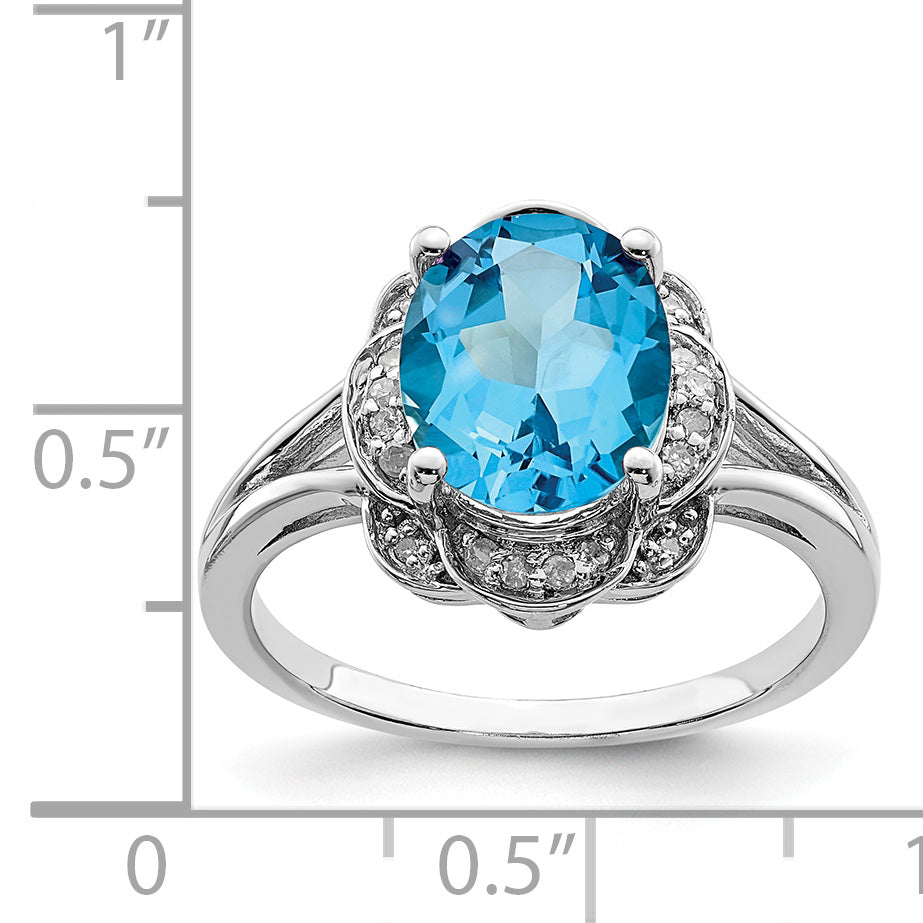 Sterling Silver Rhodium Diamond & Blue Topaz Ring